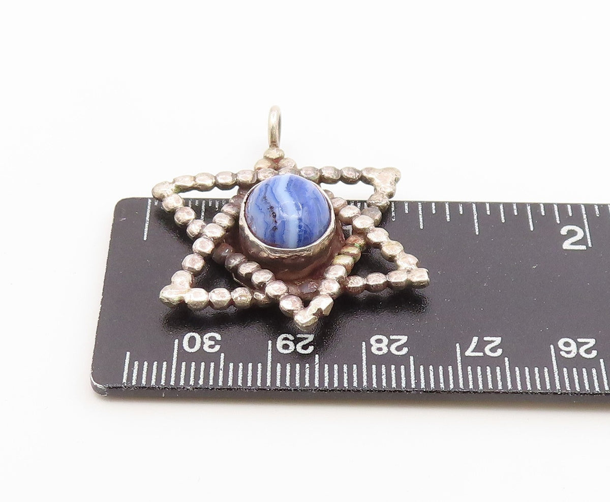 925 Sterling Silver Vintage Pendant Classic Blue Agate Star Of David  PT26655