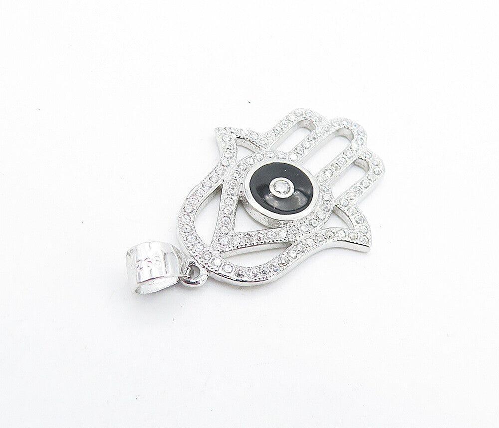 925 Sterling Silver  Shiny Topaz & Enamel Detail Open Hamsa Pendant  PT5569