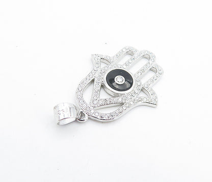 925 Sterling Silver  Shiny Topaz & Enamel Detail Open Hamsa Pendant  PT5569