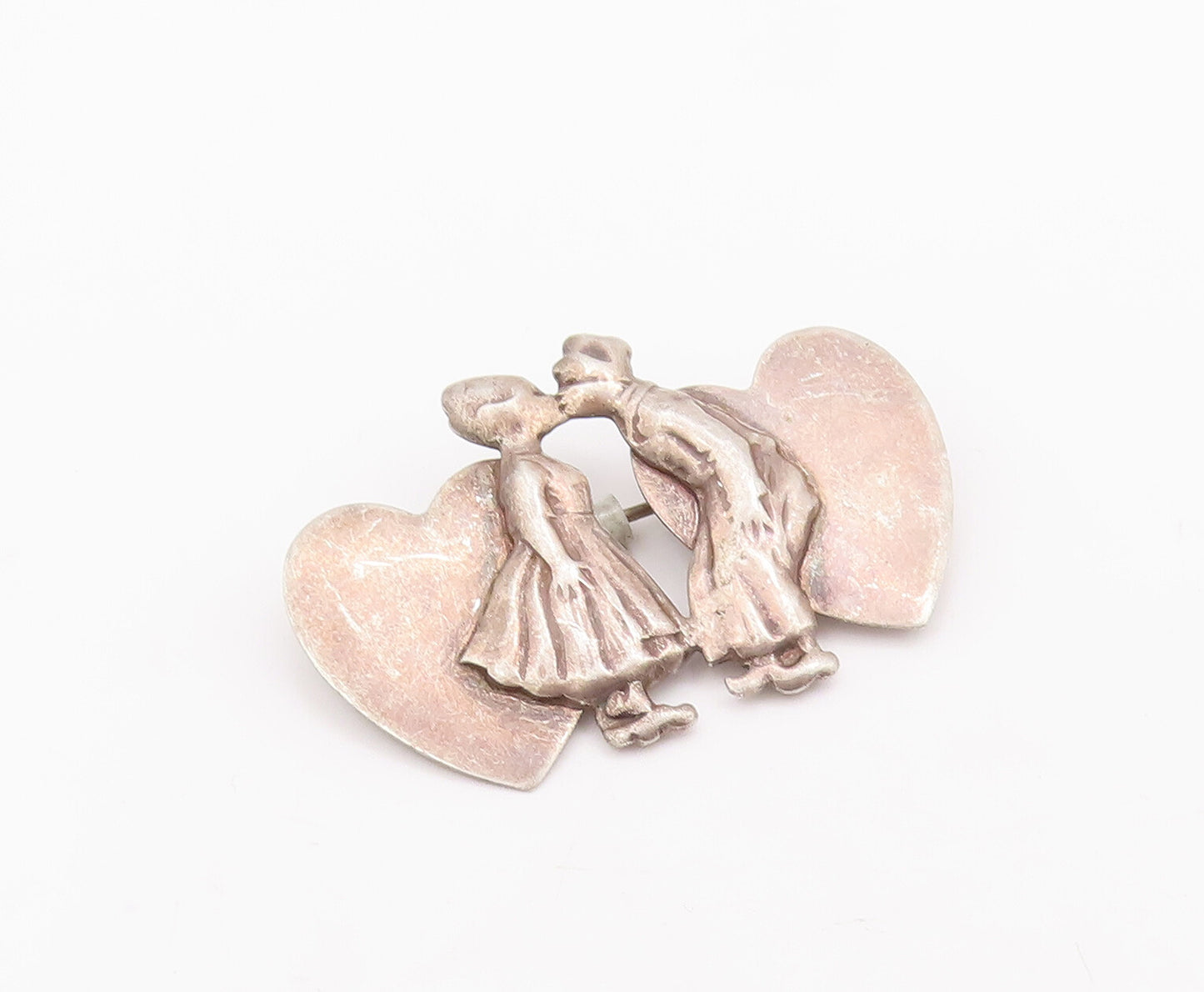 925 Sterling Silver Vintage Brooch Pin Kissing Lover With Carved Hearts  BP10986