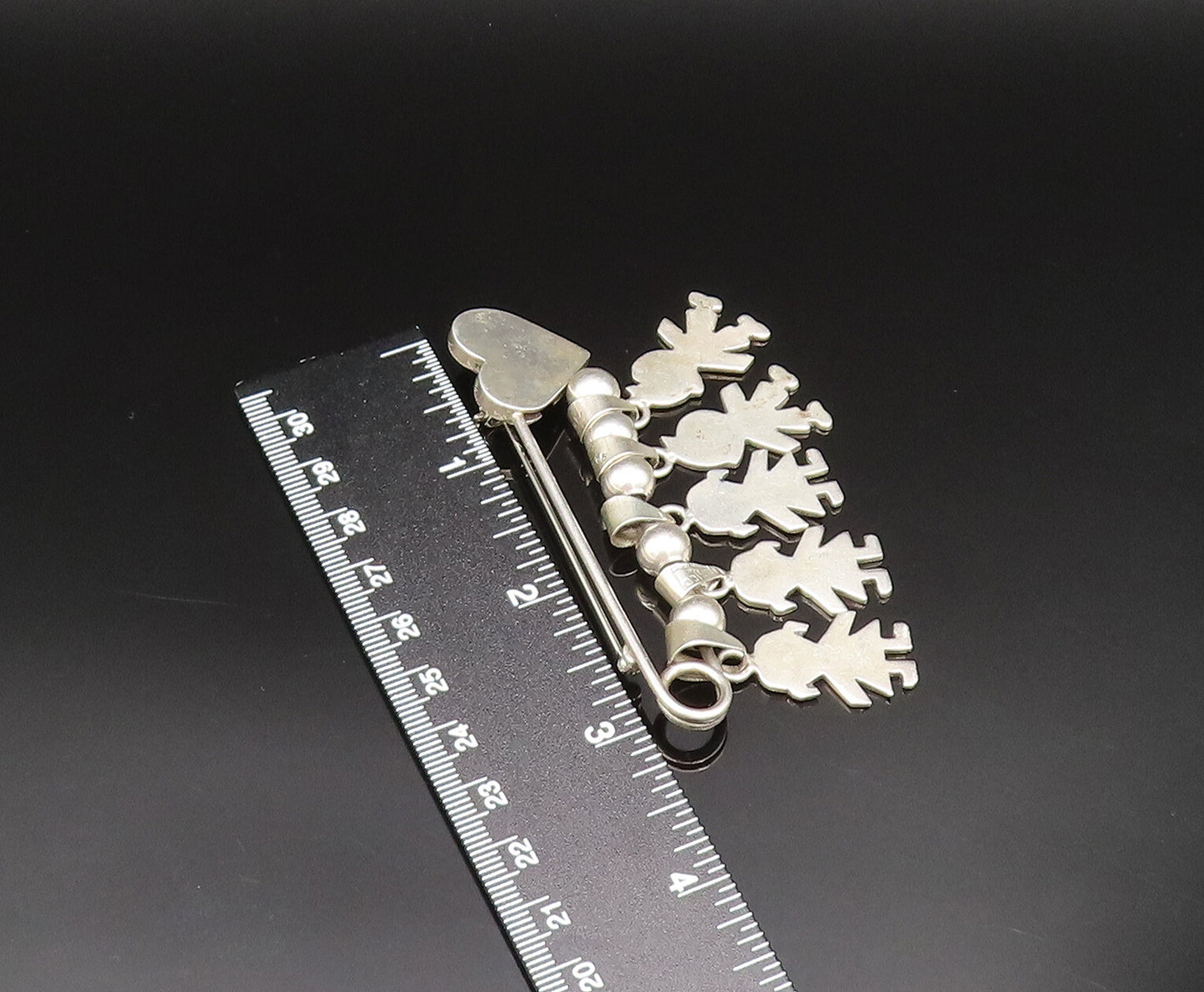 925 Sterling Silver Vintage Bead Ball & Children Charm Heart Safety Pin BP9637