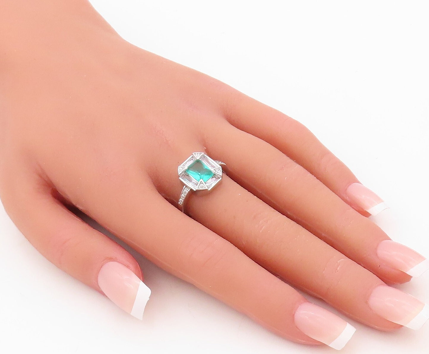 925 Sterling Silver Vintage Ring Rectangle Sea Green Halo White CZ  Sz 7 RG30409