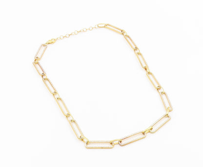 925 Sterling Silver Vintage Necklace Gold Plated CZ Paperclip Link Chain  NE4930