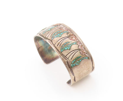 925 Sterling Silver Vintage Bracelet NAVAJO ZUNI Crushed Turquoise Cuff  BT11087