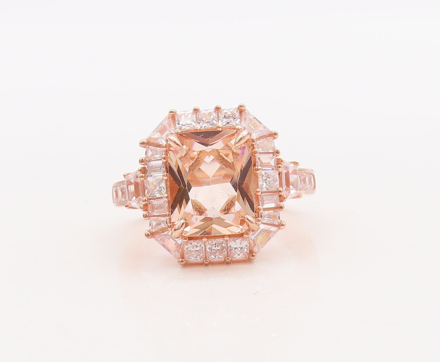 925 Sterling Silver Vintage Ring Rose Gold Plated Morganite & CZ  Sz 7  RG29829