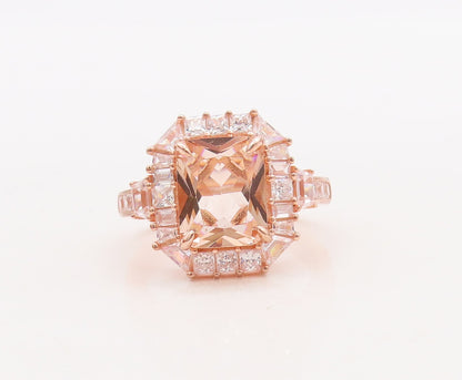 925 Sterling Silver Vintage Ring Rose Gold Plated Morganite & CZ  Sz 7  RG29829