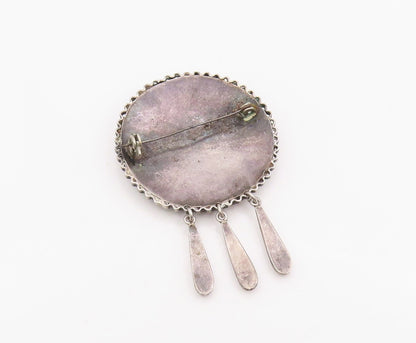 925 Sterling Silver Vintage Brooch Mayan Tribal Round Dangling Pin  BP12250