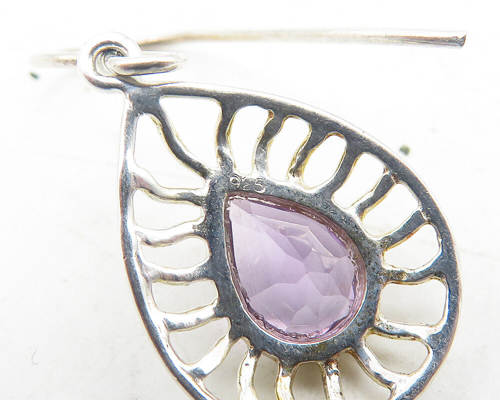 925 Sterling Silver  Shiny Pear Shape Amethyst Cutout Dangle Earrings  EG6010