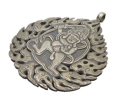 925 Silver  Vintage Tribal Man With Sword & Fire Motif Drop Pendant  PT20427