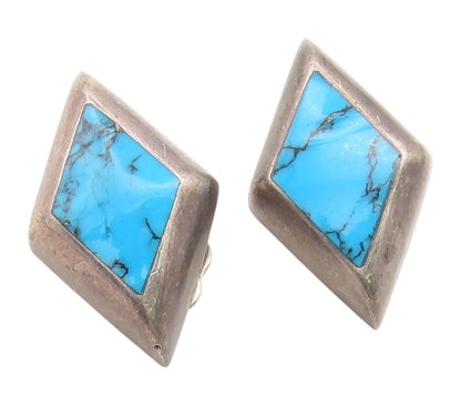 925 Sterling Silver Vintage Earrings MEXICO Turquoise Geometric Clip On  EG14202