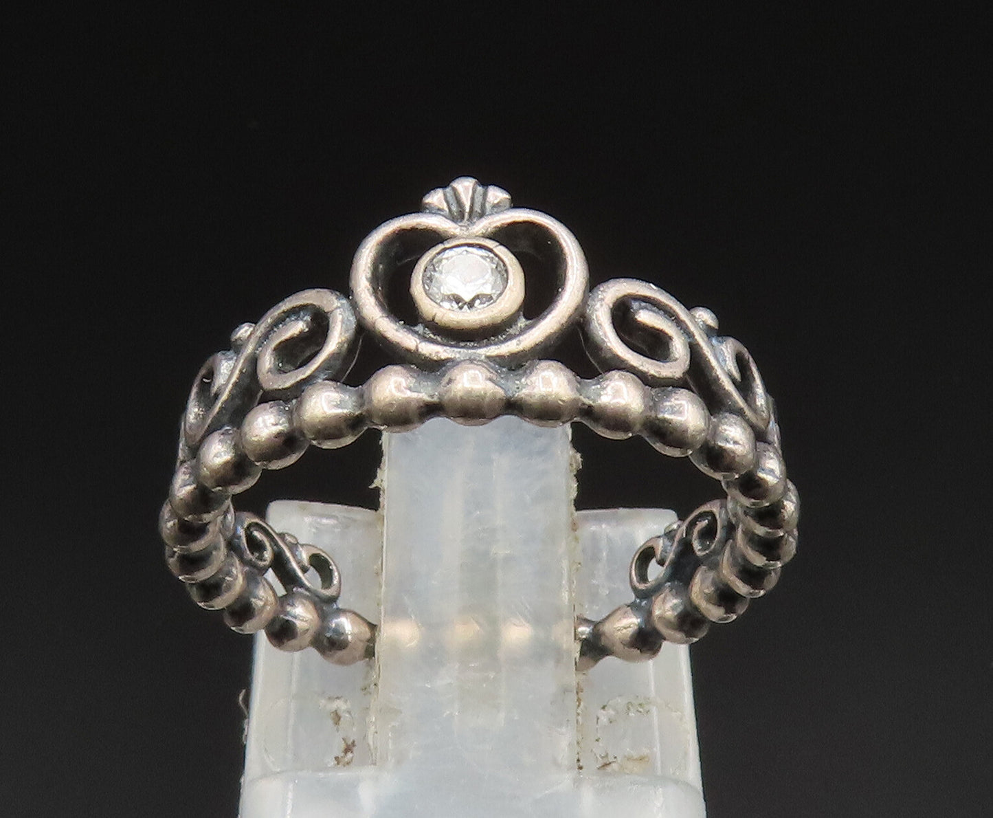 PANDORA 925 Sterling Silver Vintage Beaded Royal Crown Topaz Ring Sz 6 RG24602