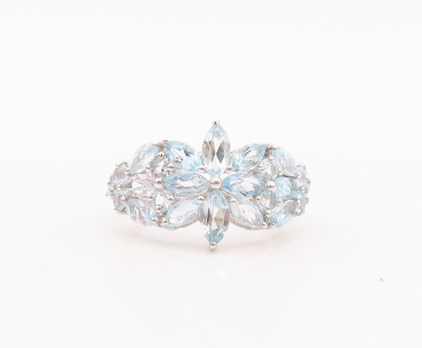 925 Sterling Silver Vintage Ring Blue Topaz Floral Inlay Sz 7  RG29980