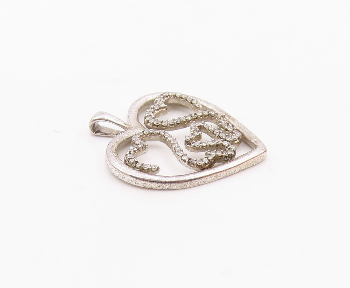 925 Sterling Silver  Vintage Genuine Diamonds Love Heart Pendant  PT18565
