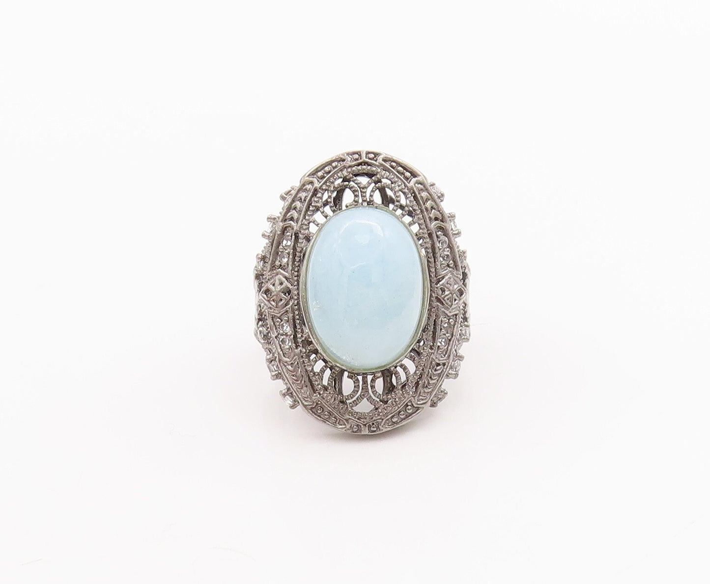 925 Sterling Silver Vintage Ring Cabochon Aqua Floral Carved Topaz Sz 7  RG29260
