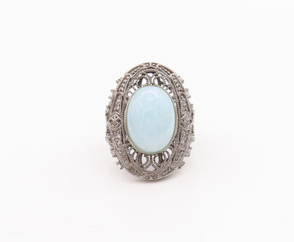 925 Sterling Silver Vintage Ring Cabochon Aqua Floral Carved Topaz Sz 7  RG29260