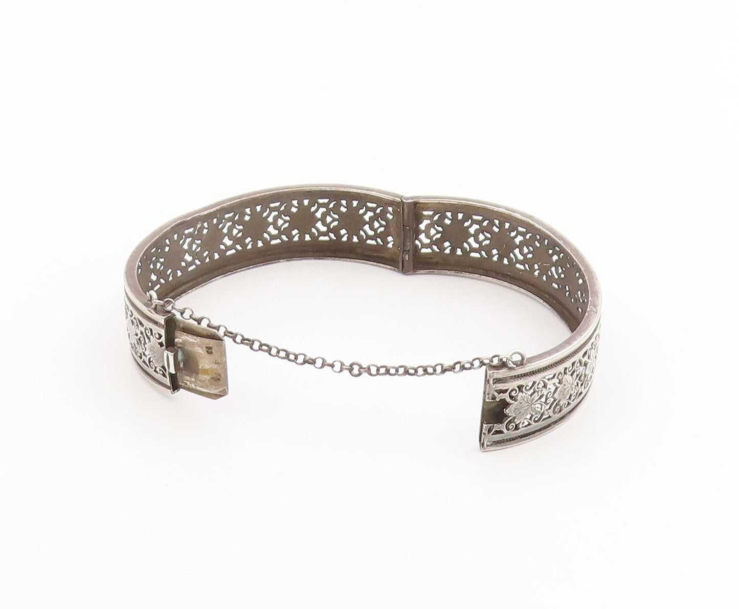 925 Sterling Silver Vintage Bracelet Antique Floral Openwork Bangle  BT12011