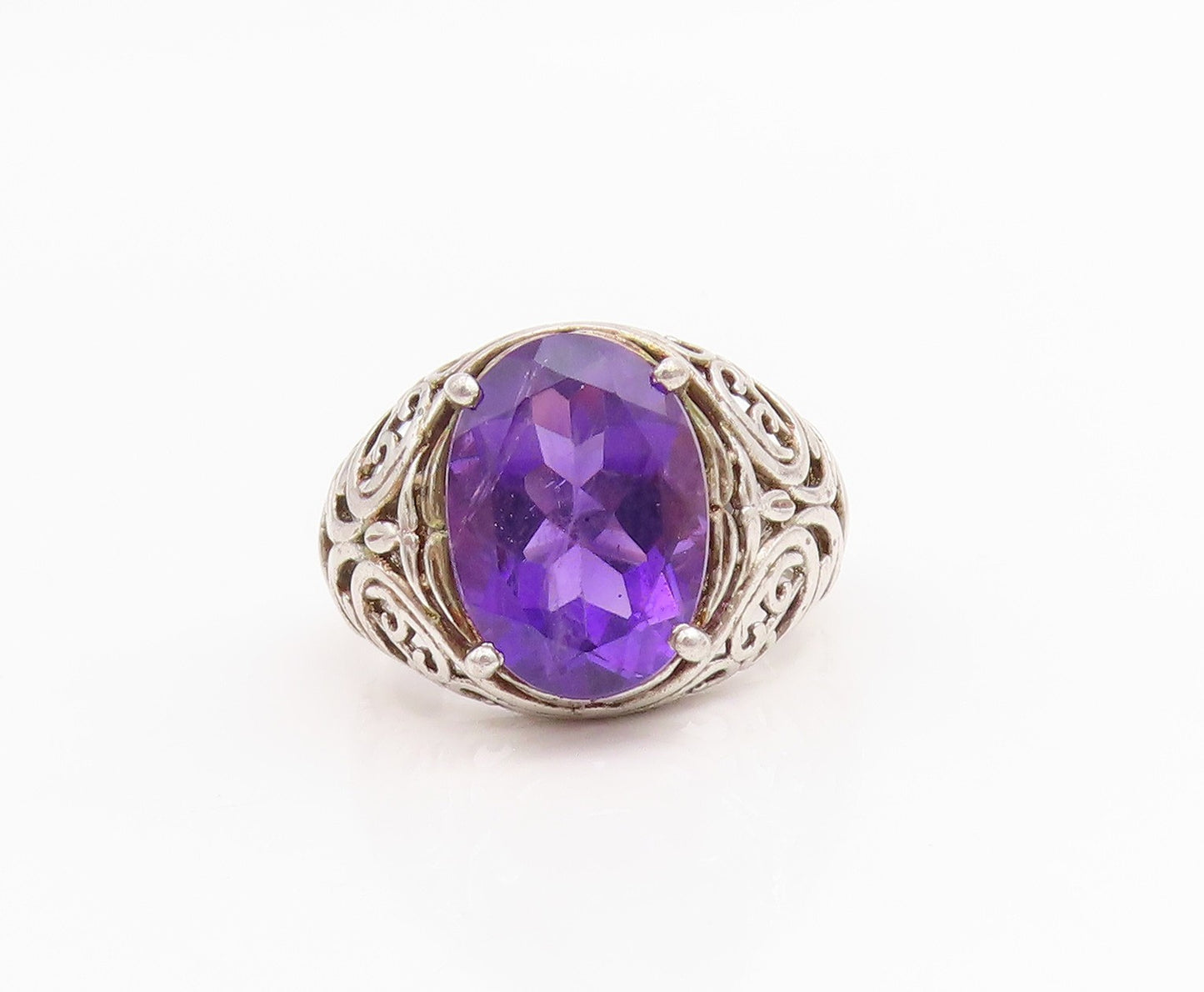 925 Sterling Silver Vintage Ring Amethyst Open Scrollwork Band  Sz 7.5  RG34788