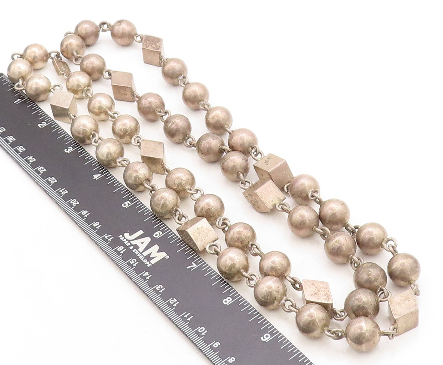 MEXICO 925 Silver  Vintage Dark Tone Smooth Beaded Chain Necklace  NE2290