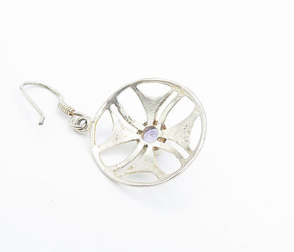 925 Sterling Silver  Amethyst Open Design Round Shiny Dangle Earrings  EG3585