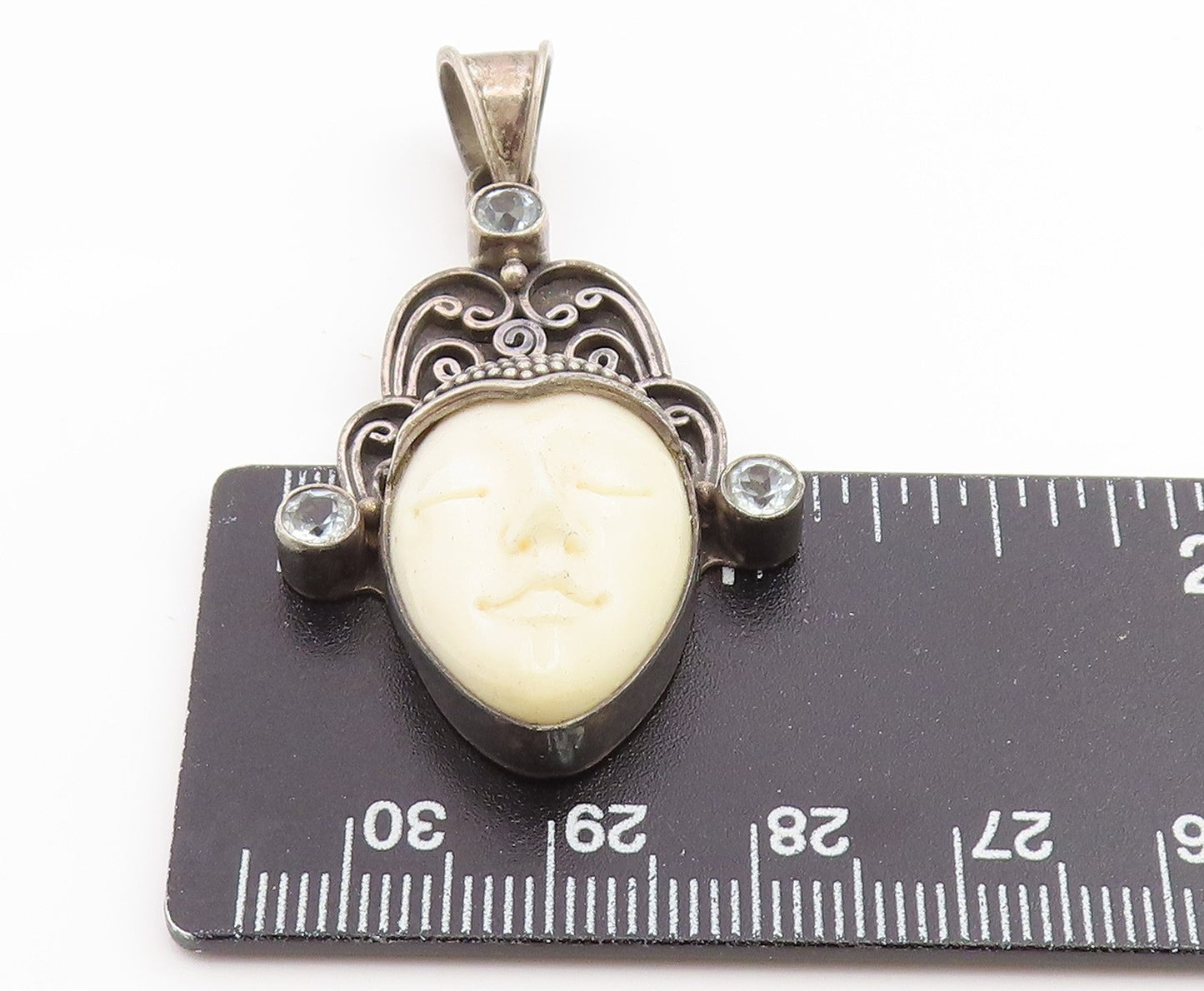 925 Sterling Silver Vintage Pendant Topaz Carved Goddess Face Charm  PT25995