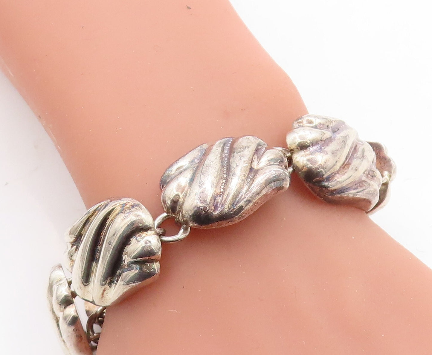925 Sterling Silver  Vintage Shiny Hollow Fluted Link Chain Bracelet  BT1913