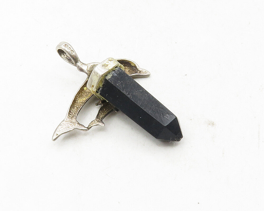 925 Sterling Silver  Vintage Black Onyx Wand Mom & Baby Dolphin Pendant PT7728