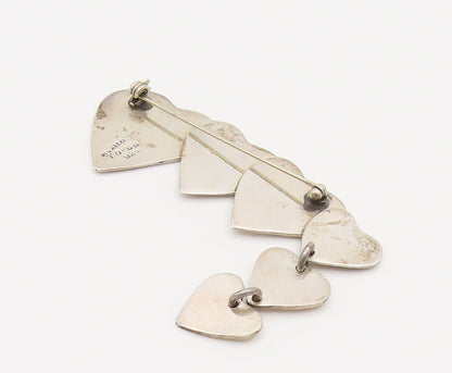 MEXICO 925 Silver  Vintage Graduated Love Hearts Dangle Brooch Pin  BP10193