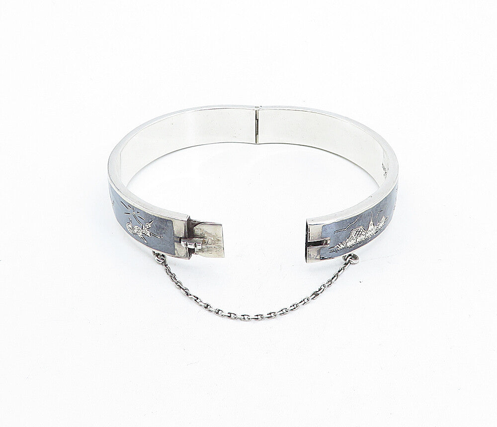 SIAM 925 Silver  Vintage Black Enamel Niello Dancer Bangle Bracelet  BT1536