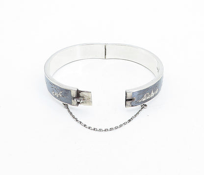 SIAM 925 Silver  Vintage Black Enamel Niello Dancer Bangle Bracelet  BT1536