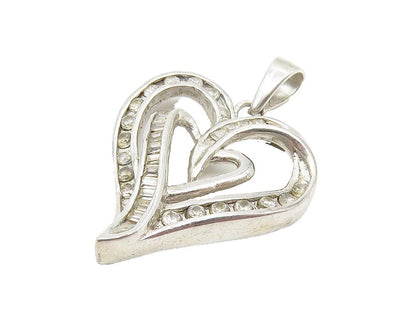 925 Sterling Silver  Vintage Cubic Zirconia Open Love Heart Pendant  PT8552