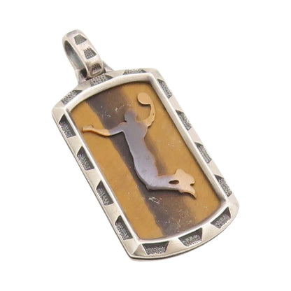 925 Sterling Silver Vintage Pendant Carved Tiger's Eye Volleyball Game  PT24939
