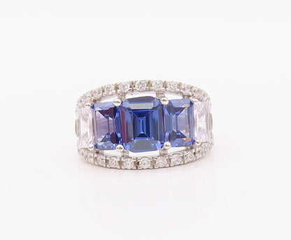925 Sterling Silver Vintage Ring Rectangle Sapphire Halo Topaz  Sz 7 RG30603