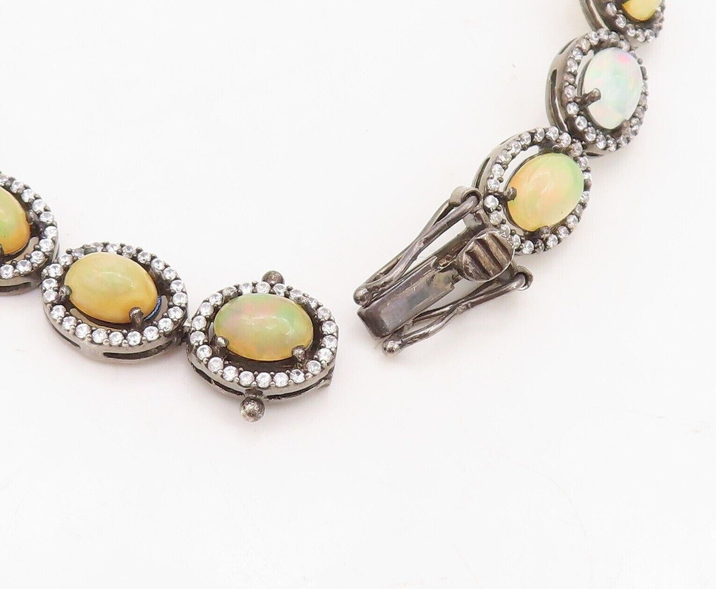 925 Sterling Silver Vintage Bracelet Oval Cut Fire Opal Halo CZ Rings  BT10758
