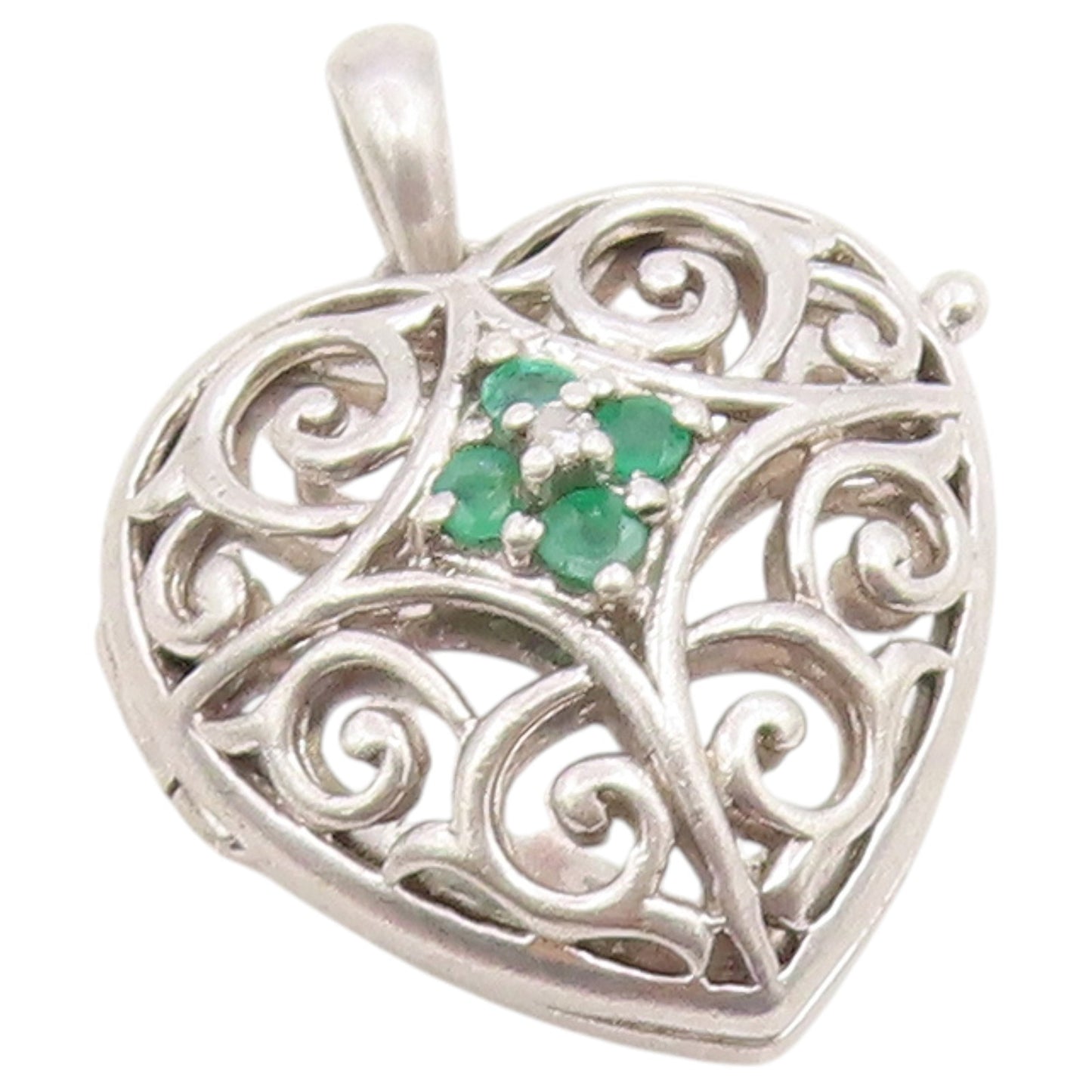 925 Sterling Silver Vintage Pendant Emerald Openwork Love Heart OPENS  PT26647