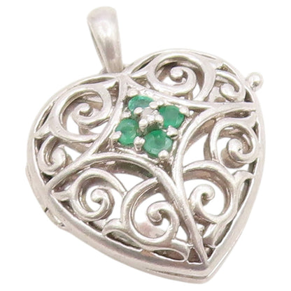 925 Sterling Silver Vintage Pendant Emerald Openwork Love Heart OPENS  PT26647