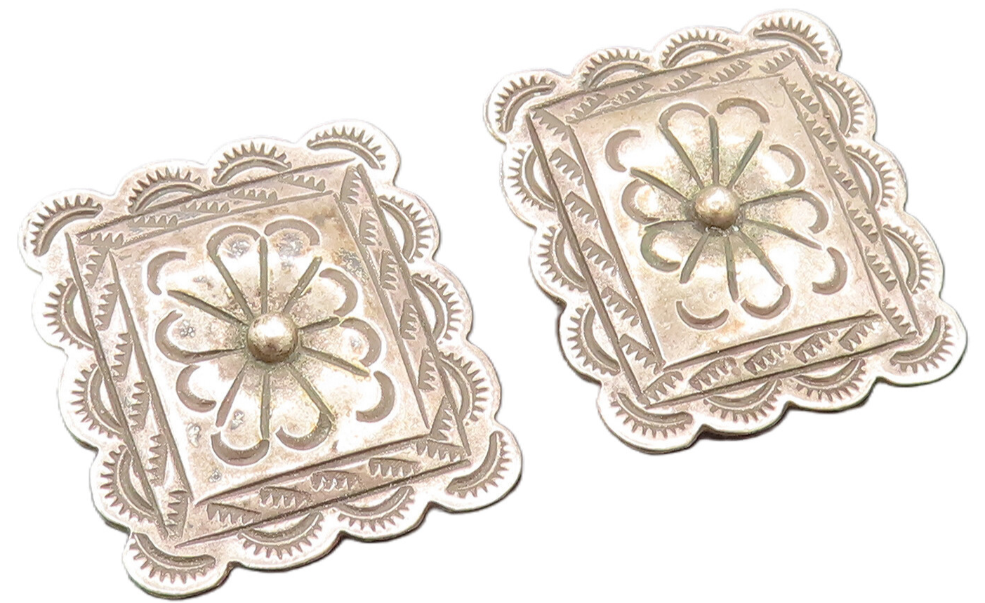 SOUTHWESTERN 925 Silver Vintage Etched Lines Floral Clip Earrings EG12350