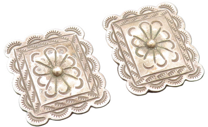 SOUTHWESTERN 925 Silver Vintage Etched Lines Floral Clip Earrings EG12350