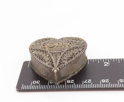 925 Sterling Silver Vintage Trinket Box Antique Love Heart Filigree OPENS TR4197