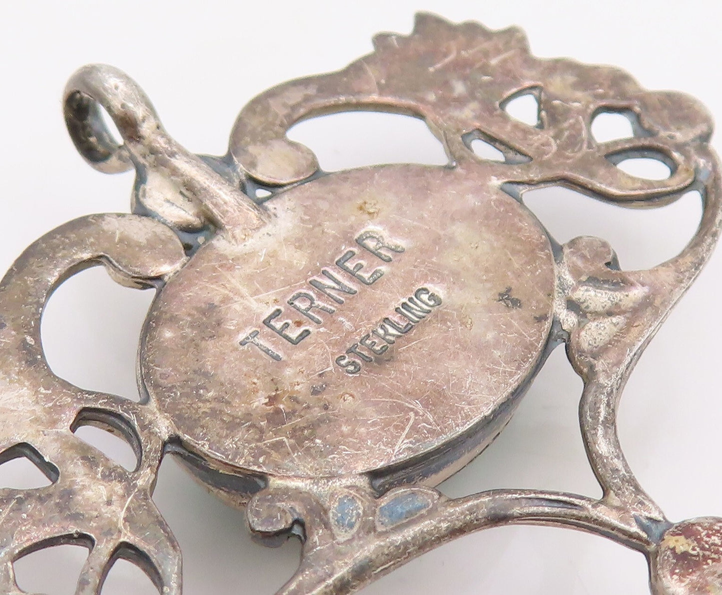 925 Sterling Silver Vintage Pendant TERNER Floral Oval Malachite Heart  PT23493