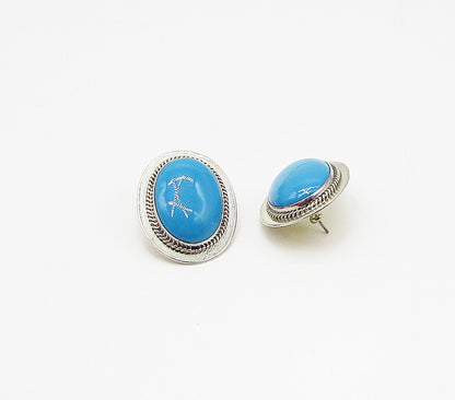 925 Sterling Silver  Vintage Bezel Set Turquoise Stud Drop Earrings  EG1958