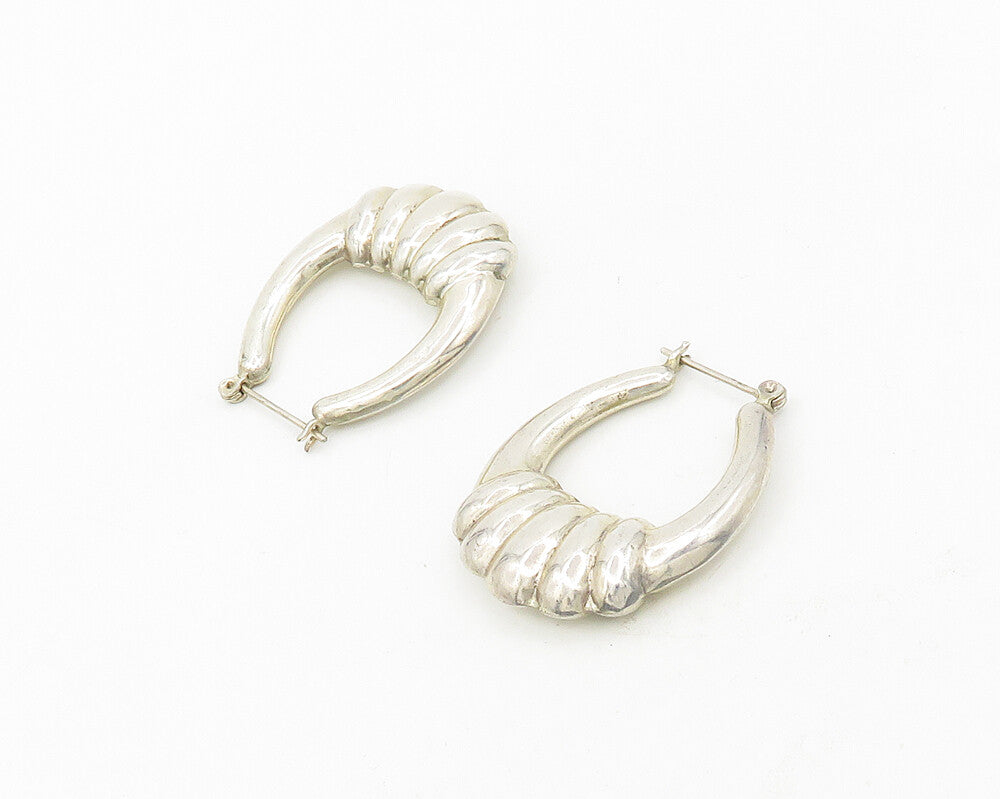 925 Sterling Silver  Vintage Shiny Hollow Fluted Detail Hoop Earrings  EG9375