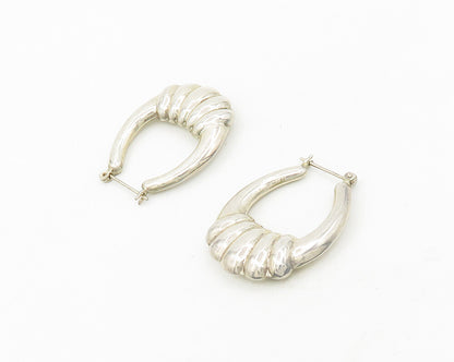 925 Sterling Silver  Vintage Shiny Hollow Fluted Detail Hoop Earrings  EG9375
