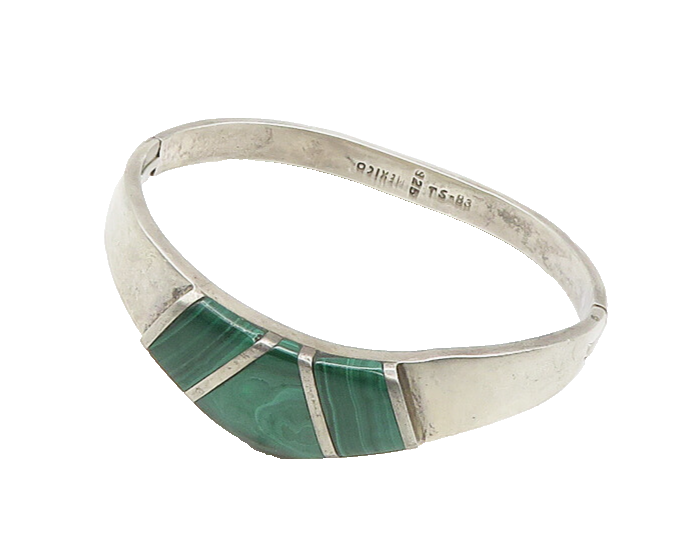 SHEILA MEXICO 925 Silver  Vintage Malachite Shiny Bangle Bracelet  BT7530