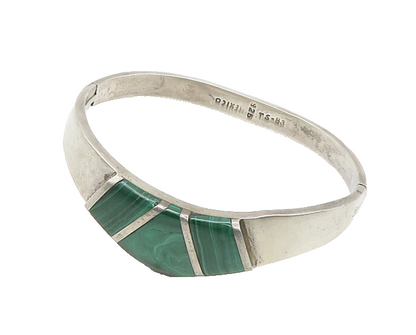 SHEILA MEXICO 925 Silver  Vintage Malachite Shiny Bangle Bracelet  BT7530