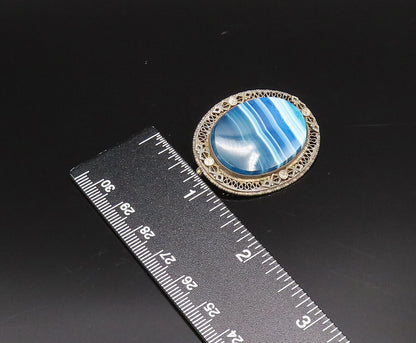 EUROPEAN 925 Silver  Vintage Blue Agate & Swirl Border Brooch Pin  BP10024