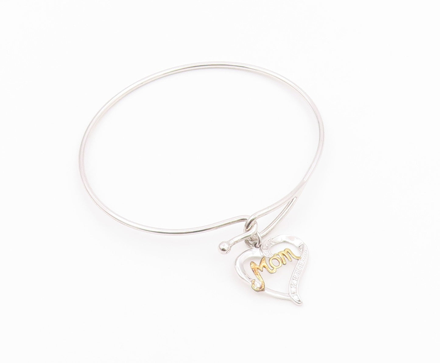 925 Sterling Silver  Genuine Diamond Mom Love Heart Bangle Bracelet  BT8264