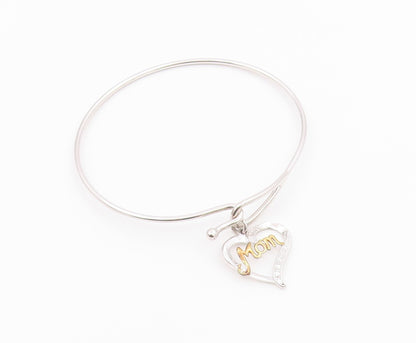 925 Sterling Silver  Genuine Diamond Mom Love Heart Bangle Bracelet  BT8264