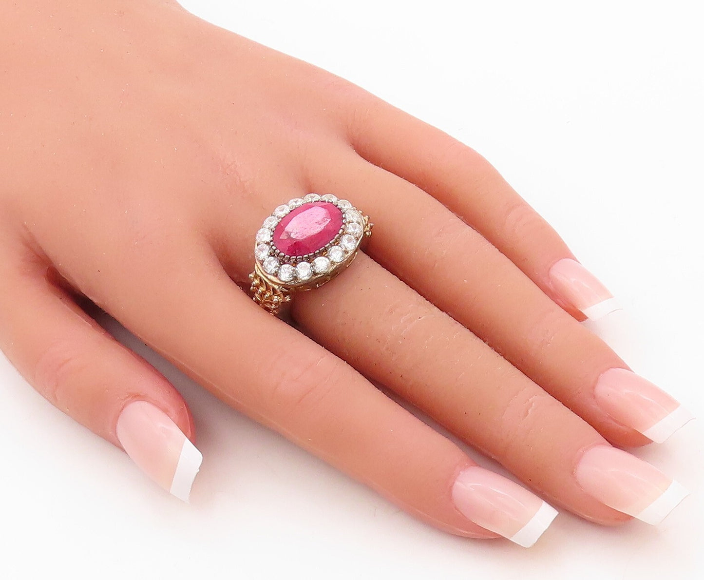 925 Sterling Silver Vintage Ring Real Oval Gemstone & CZ Frame  Sz 7  RG30939