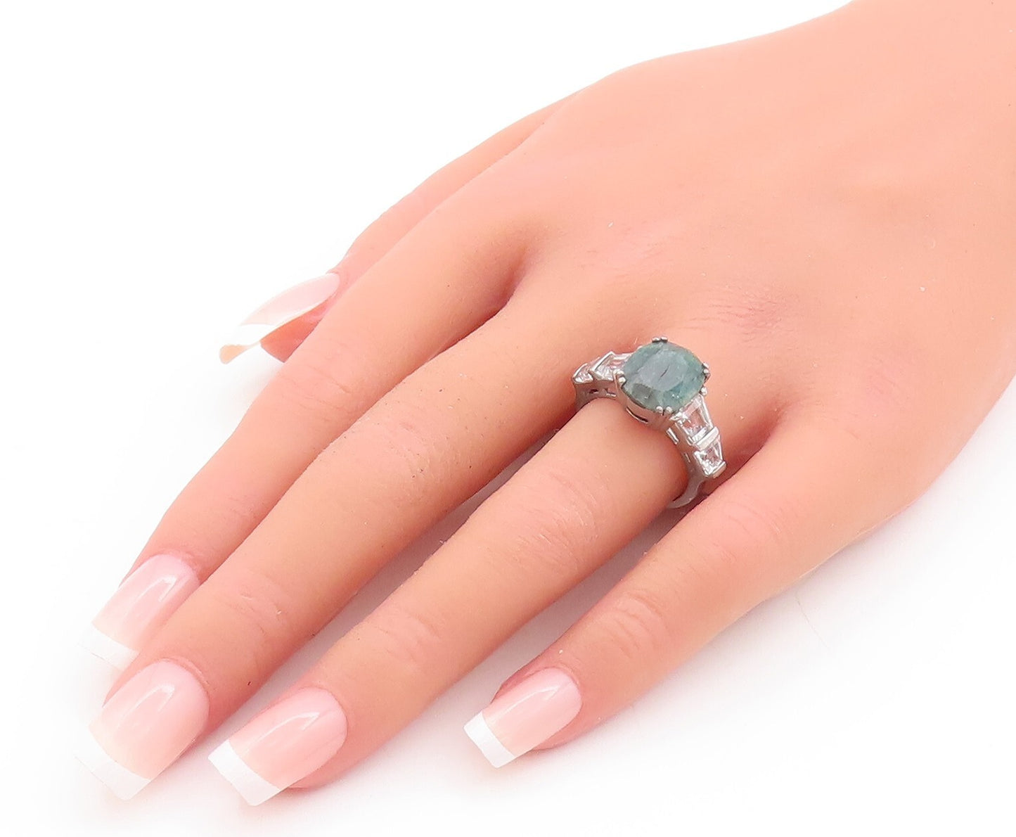 925 Sterling Silver Vintage Ring Green Oval Cut Gemstone & CZ  Sz 7  RG29500