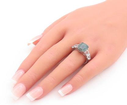 925 Sterling Silver Vintage Ring Green Oval Cut Gemstone & CZ  Sz 7  RG29500